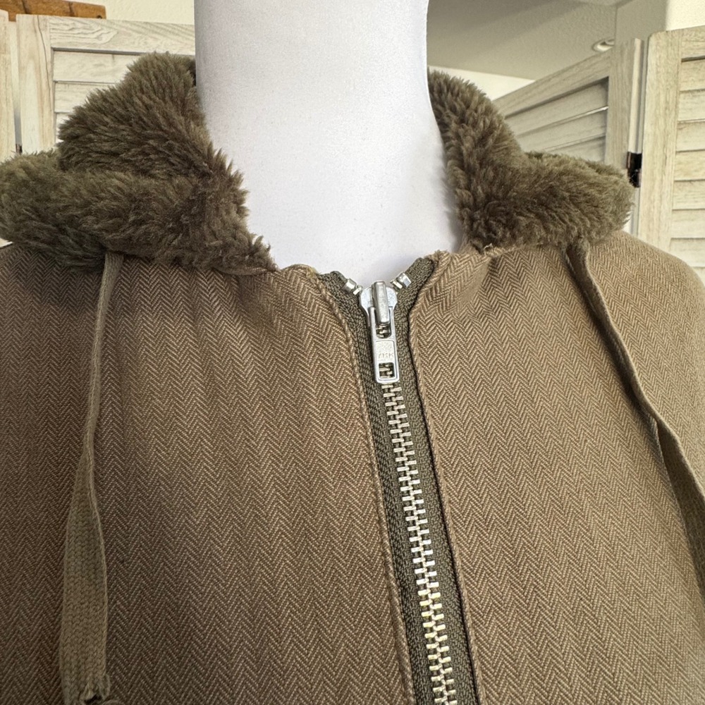 Planet Earth Women's Olive Green Herringbone Faux Fur Lined Hooded Jacket Small - Picture 5 of 14